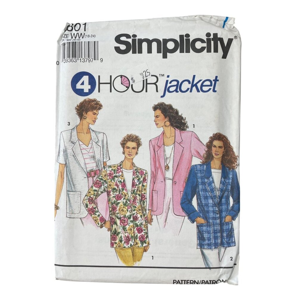 90s Simplicity 8301 Misses Vintage 4 Hour Jacket Sewing Pattern Size 18-24 UNCUT